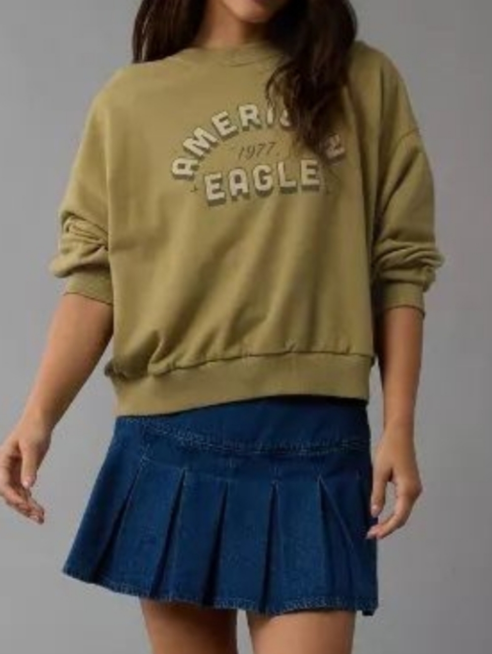 American Eagle Sweatshirt Funday Graphic Crew Neck Long Sleeve Olive Green XL